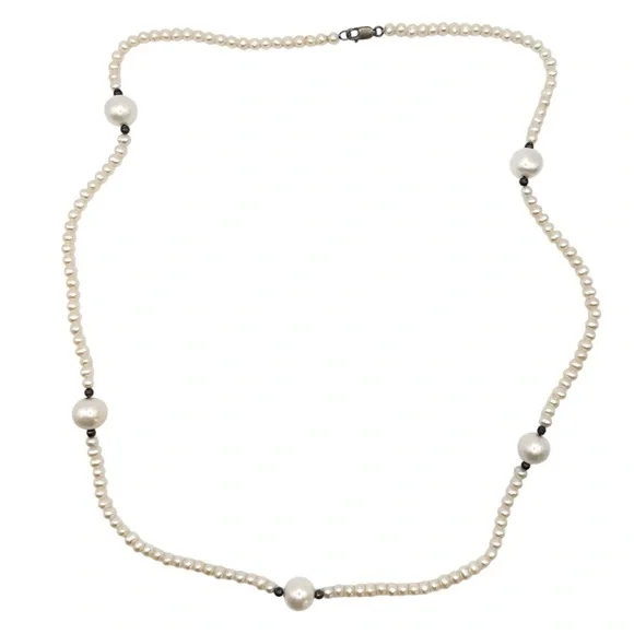 Cultured Pearl Necklace Sterling Silver Clasp and Bead Accents 925 Vintage - Picture 1 of 4